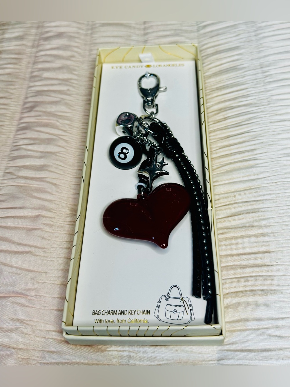 eye candy Burgundy Heart Charm Keyring with Black Tassel and 8-Ball Accent